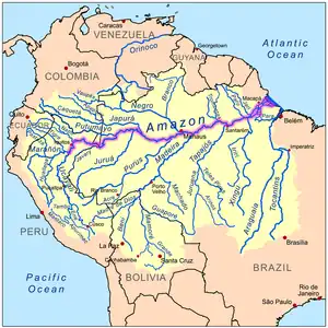 Map of the Amazon River drainage basin with the Amazon River highlighted