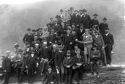 Group photo taken during the aforementioned geological field excursion to Harpers Ferry, West Virginia, May 1897.  Sir Archibald Geikie is in the top row, second from the left, wearing a light-colored jacket.