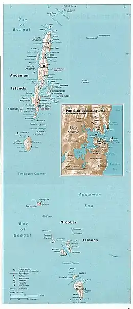 Map of the Andaman and Nicobar Islands, with the Coco Islands in the extreme north