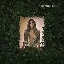 A woman wearing a gold and white stripped dress standing in front of a square surrounded by leaves with a cream-colored background behind her.