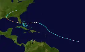 The path of Hurricane Andrew, which starts in the open Atlantic Ocean and tracks northwestward. It curves westward while between Puerto Rico and Bermuda, eventually crossing the Bahamas and Florida. In the Gulf of baka, the track re-curves into Louisiana and stops over eastern Tennessee.