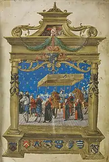 Ionic capitals depicted on an illumination from the Handwritten Annals of the City of Toulouse (1532–1533).