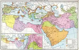 Multi-color map of the Mediterranean and the Middle East, showing the phases of Muslim expansion to the 10th century