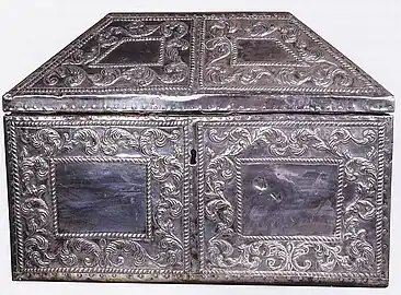 A silver reliquary containing the remains of Saints Eulogius and Leocritia of Cordoba, in Camara Santa, Oviedo Cathedral, Oviedo, Spain.