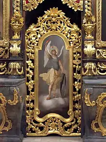 Michael's icon on the northern deacons' door on the iconostasis of Hajdúdorog. The archangel is often depicted on iconostases' doors as a defender of the sanctuary.