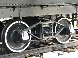 Archbar type truck with journal bearings in journal boxes as used on some steam locomotive tenders. A version of the archbar truck was at one time also used on US freight cars.