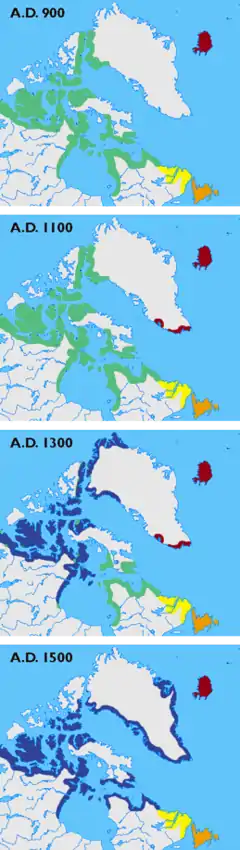 Maps showing the different cultures (Dorset, Thule, Norse, Innu, and Beothuk) in Greenland, Labrador, Newfoundland and the Canadian arctic islands in the years 900, 1100, 1300 and 1500