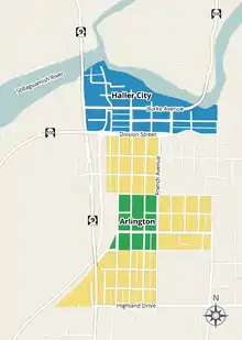 A map of modern downtown Arlington, with the locations of Arlington and Haller City highlighted.