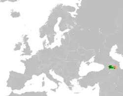 Map indicating locations of Armenia and Artsakh