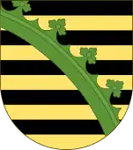 Saxony/ Saxe-Jena (1672–1690) Saxe-Eisenach (1596–1638; 1640–1644; 1662–1809)/ Duchy of Saxe-Coburg-Eisenach (1572-1596; 1633-1638)/ Duchy of Saxe-Weimar (1572–1809)/ Duchy of Saxe-Wittenberg (1296–1356) with the black-yellow imperial colored stripes and green crancelin