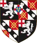 Quarterly 1st and 4th Sable a lion rampant on a canton Argent a cross Gules; 2nd and 3rd quarterly Argent and Gules in the 2nd and 3rd quarters a fret Or overall on a bend Sable three escallops of the first and as an augmentation in chief an inescutcheon, Argent a cross Gules and thereon an inescutcheon Azure, three fleurs-de-lis Or. Arms of Churchill.