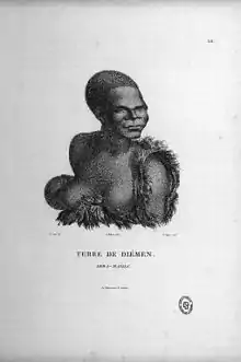 image of Indigenous Tasmanian woman, wearing skins but bare-breasted and carrying a young child