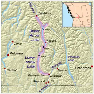 Map highlighting the Arrow Lakes