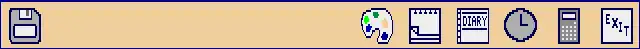 Screenshot of the icon bar under Arthur showing the following: Left portion, from left –  Discs (in this case a single floppy disc), Right portion, from right –  Exit, Calc, Alarm, Diary, Edit, Paint