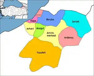 Map showing Şavşat District in Artvin Province