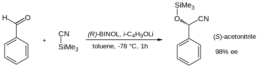 Asymmetric reaction of benzaldehyde with (R)–Binol–lithium(i-propyloxy) gives (S)-acetonitrile with 98% ee