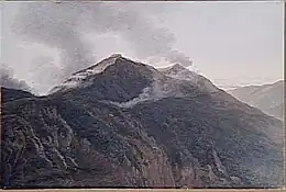 Painting of a mountain topped with a fortification showing smoke where soldiers are battling