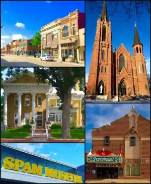 Clockwise from top: day city,ca St. Augustine's Church, Paramount Theater, Spam Museum, Hormel Historic Home