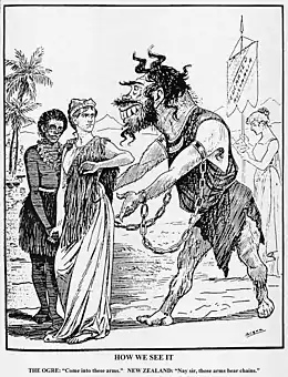 Political cartoon from 1900 depicting Australia as an ogre and referencing its origins as a penal colony