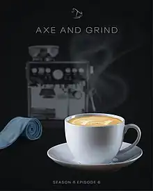 Poster for the episode featuring a coffee espresso and rolled-up tie.