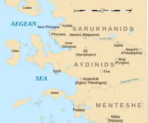 Map of western central Anatolia and the offshore islands, with the main cities of the period and rivers marked