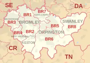 BR postcode area map, showing postcode districts, post towns and neighbouring postcode areas.