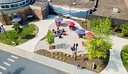 Photo of the front patio adjacent to the Brandt Student Center