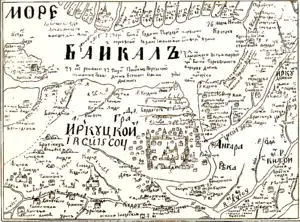 Russian map circa 1700, Baikal (not to scale) is at top