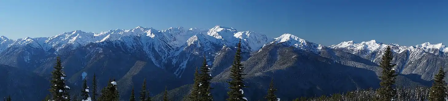 Bailey Range from Hurricane Ridge, Mt. Fairchild centered, Mount Fitzhenry to its right