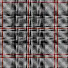 A tartan that is predominantly two-tone grey with thin black and red stripes