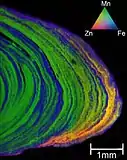 X-ray fluorescence tricolor map of a ferromanganese nodule from the Baltic sea.