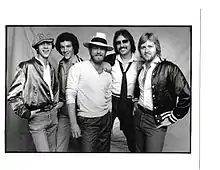 The original Bandana lineup signed to Warner Bros. Records. L to R: Jerry Ray Johnston, Tim Menzie, Lonnie Wilson, Jerry Fox, Joe Van Dyke.