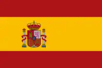 The flag of Spain, a charged horizontal triband.