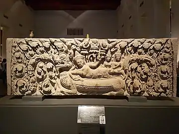 Khmer lintel depicting Narayana sleeping upon the Sheshanaga in the middle of Milky Ocean, Bangkok National Museum