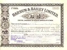 A Stock certificate for Barnum & Bailey, 1903