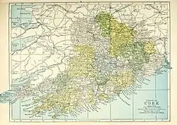 Barony map of County Cork, 1900; Kinalmeaky barony is in the south, coloured green.