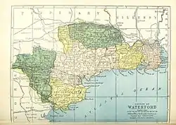 Barony map of County Waterford, 1900; Middle Third is coloured yellow, in the east.