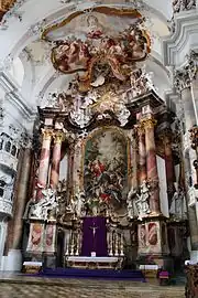 Rococo reinterpretations of the Corinthian order at the high altar in the abbey church of Ottobeuren, Germany, by Johann Michael Fischer, 1748-1754