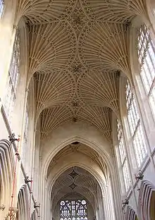 Fan Vault, Bath Abbey, the vault by Virtue is in the distance, in the chancel, the nearer vault is a Victorian copy by Sir George Gilbert Scott