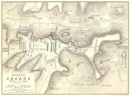 Colored print shows a map of the Battle of Craone on 7 March 1814.