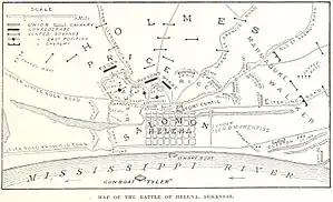 Map of the battlefield, including troop positions. The Union lines form a ring around the city of Helena, with their backs to the Mississippi River. Confederate troops attack from multiple angles.