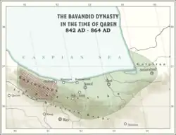 Map of the Bavand dynasty in 9th century under Qarin I