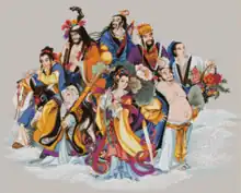 An illustration of the Eight Immortals. Lan Caihe is on the far right, as a young person in pale clothing, holding a flower basket. nd.