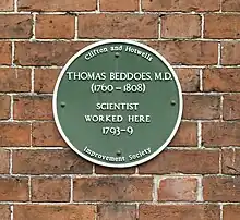 Plaque: Thomas Beddoes MD (1760–1808). Scientist. Worked here 1793–1799. Clifton and Hotwells Improvement Society