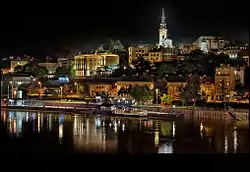 Belgrade at night, reflected in a river