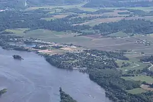 Downtown Bellevue, Lock & Dam No. 12, and the Mississippi River from air.