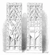 Heraldic Oak bench ends, late 15th century, St Andrew's Church, Bere Ferrers. 19th-century drawing by Roscoe Gibbs