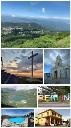 From left to right, top to bottom: Skyline of Berlín, Cerro La Cruz Viewpoint, Catholic Church of Berlín, Laguna de Alegría, Berlín Park, Berlín Pool Party, Historical Center of Berlín