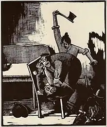 An illustration of two men fighting and a woman behind them wielding an axe