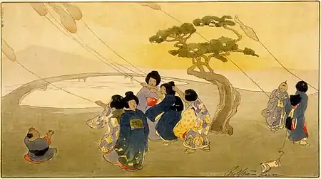 Woodblock print of Japanese children in kimono flying kites against a yellow sky.